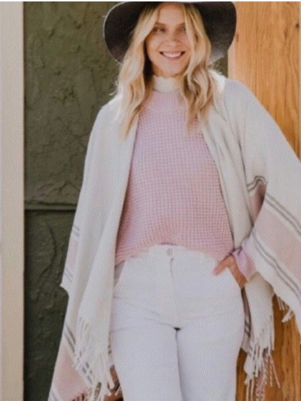 Siizu Gray Blush Fringe Poncho Wrap One Size